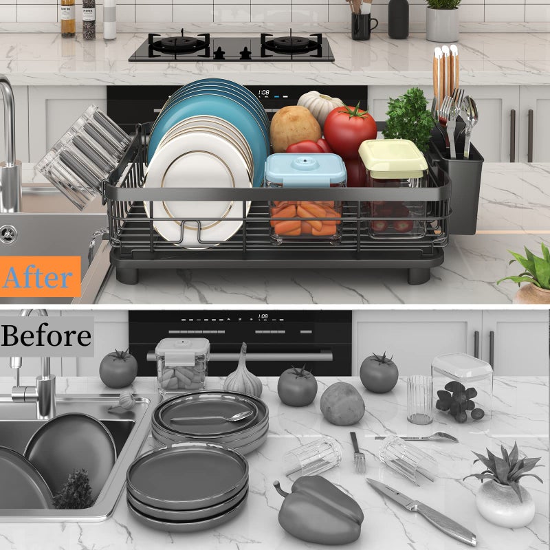 Godboat Dish Drying Rack, Dish Rack with Auto-Drain & Mat, Dish Drainers for Kitchen Counter, Glass Organizer for 4 Cups, 3 Lots Utensil Holder, Gifts for Women Mothers Day, Kitchen Gadgets & Decor - Image 4