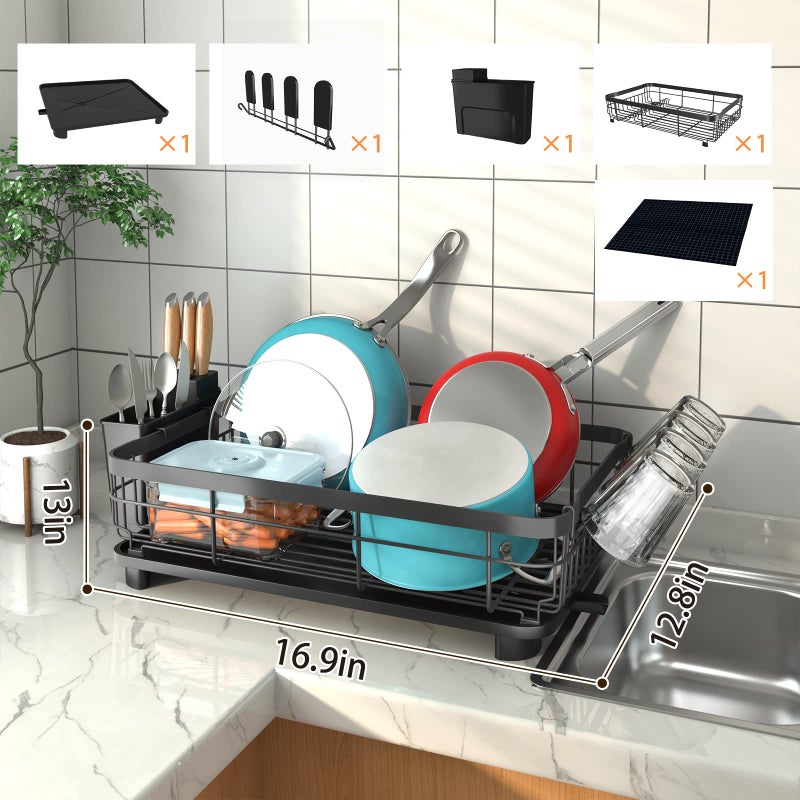Godboat Dish Drying Rack, Dish Rack with Auto-Drain & Mat, Dish Drainers for Kitchen Counter, Glass Organizer for 4 Cups, 3 Lots Utensil Holder, Gifts for Women Mothers Day, Kitchen Gadgets & Decor - Image 3