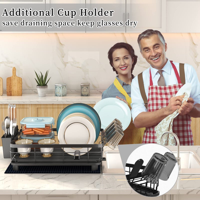 Godboat Dish Drying Rack, Dish Rack with Auto-Drain & Mat, Dish Drainers for Kitchen Counter, Glass Organizer for 4 Cups, 3 Lots Utensil Holder, Gifts for Women Mothers Day, Kitchen Gadgets & Decor - Image 5