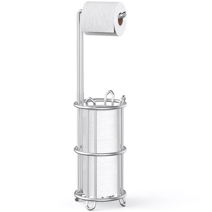 TOILET PAPER HOLDER STAND AND TISSUE PAPER ROLL DISPENSER FOR 4 MEGA ROLLS BATHROOM FREE STANDING TISSUE ROLL STORAGE HOLDER RACK METAL WIRE SILVER