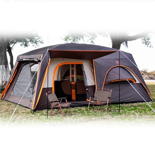 KTT Extra Large Tent 12 Person,Family Cabin Tents,Full Rainfly,2 Bay-Windows,2 Rooms and 3 Doors 3 Windows with Mesh,Waterproof,Straight Wall,Double Layer,Big Tent for Outdoor,Picnic,Camping(Brown) - Image 1
