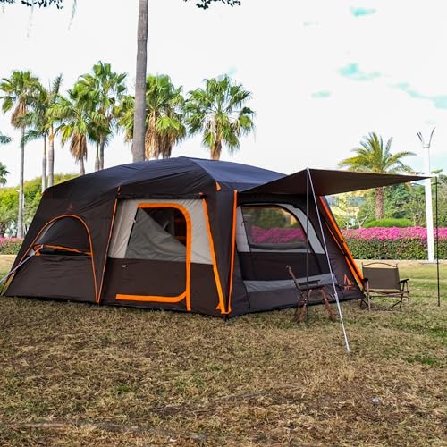 KTT Extra Large Tent 12 Person,Family Cabin Tents,Full Rainfly,2 Bay-Windows,2 Rooms and 3 Doors 3 Windows with Mesh,Waterproof,Straight Wall,Double Layer,Big Tent for Outdoor,Picnic,Camping(Brown) - Image 2