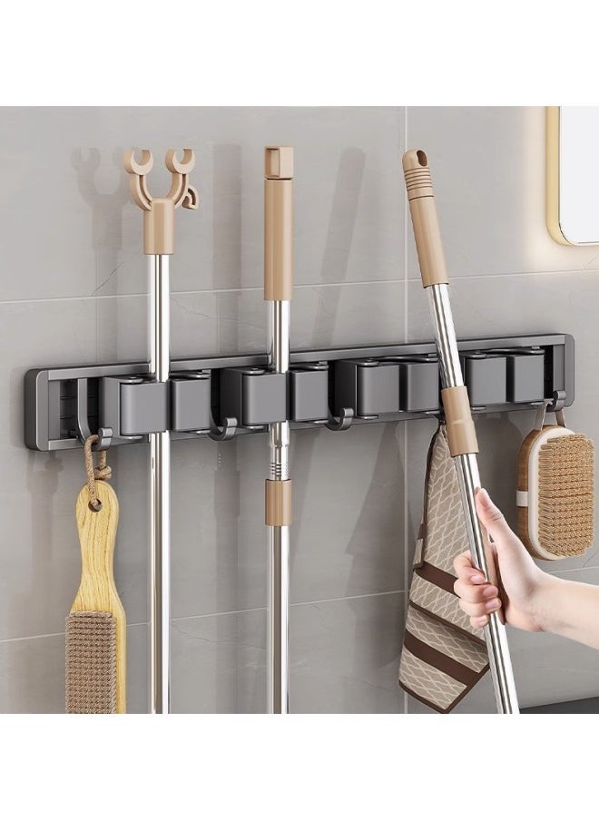 Mop & Broom Holder - Wall Mounted Aluminum No-Punch Storage Tool Organizer for Garage, Kitchen, Garden, Laundry Room, Bathroom Organization (4 Shelves and 5 Hooks)