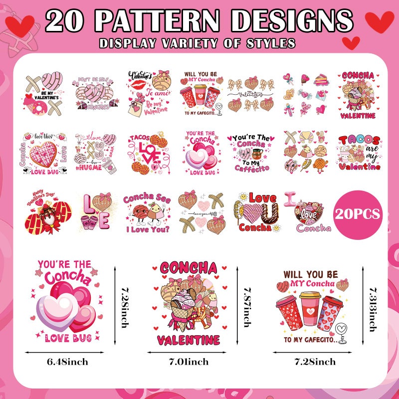 Dazoratix Valentine Iron on Transfers - 20 Sheets Happy Valentine's Day DTF Ready to Press Heat Patches Cute Funny Pink Concha Vinyl Stickers Decals for T Shirts Clothes Pillow DIY Crafts Decorations - Image 2