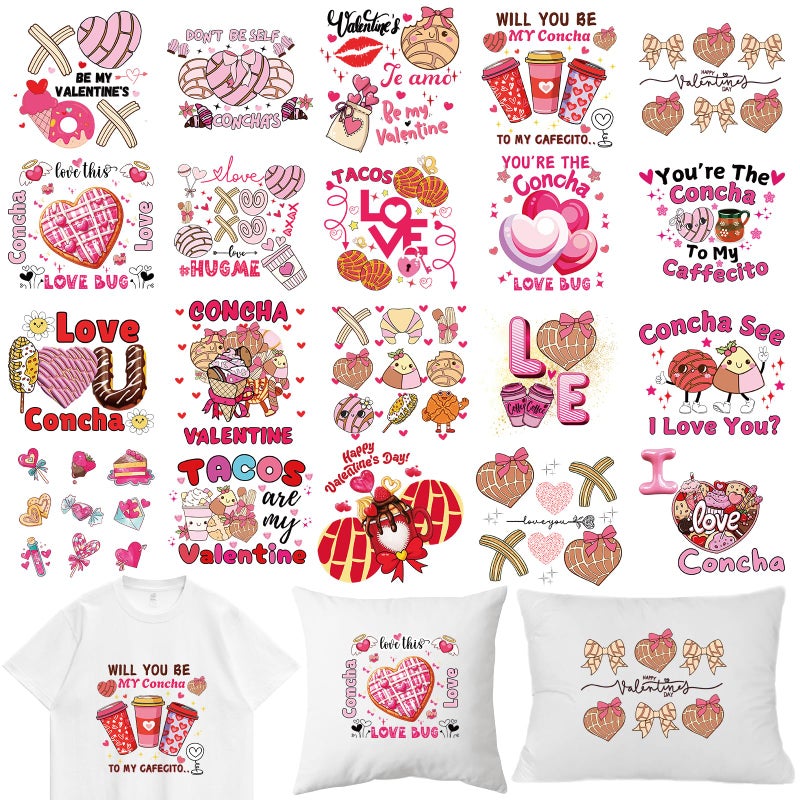 Dazoratix Valentine Iron on Transfers - 20 Sheets Happy Valentine's Day DTF Ready to Press Heat Patches Cute Funny Pink Concha Vinyl Stickers Decals for T Shirts Clothes Pillow DIY Crafts Decorations - Image 1
