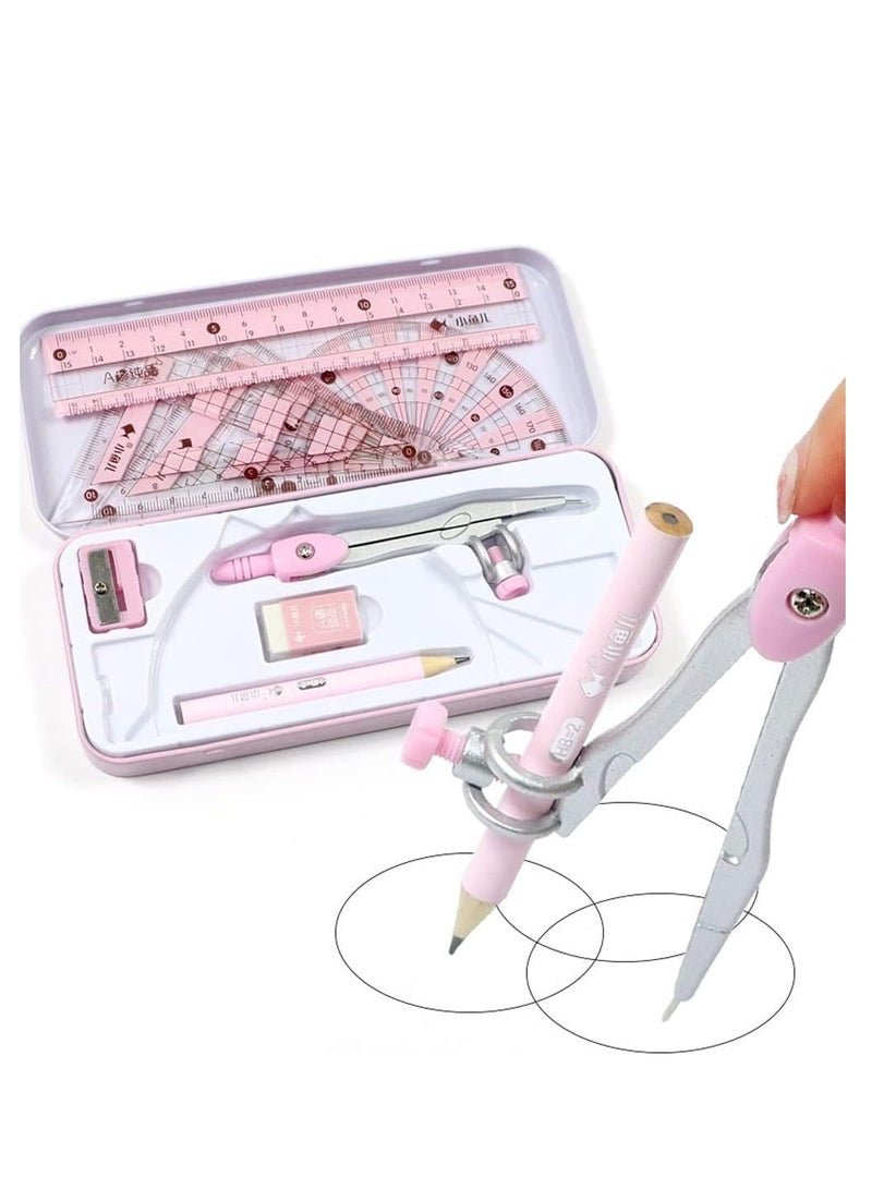 Maths Set, 8 PCS Geometry Sets with Shatterproof Storage Box, Geometry Set for School, Includes Ruler, Protractor, Compass, Pencil,Pencil Sharpener and Eraser, etc, Suitable for students - Image 1