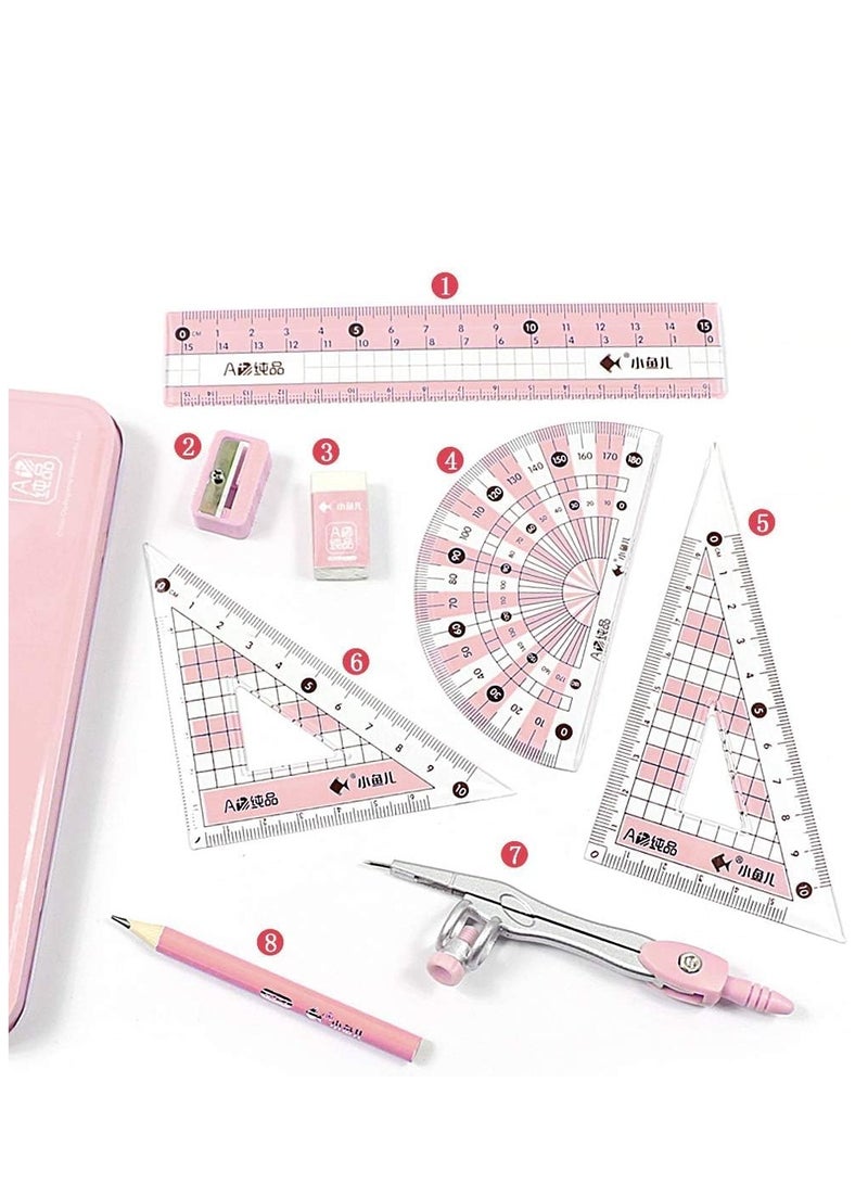 Maths Set, 8 PCS Geometry Sets with Shatterproof Storage Box, Geometry Set for School, Includes Ruler, Protractor, Compass, Pencil,Pencil Sharpener and Eraser, etc, Suitable for students - Image 3