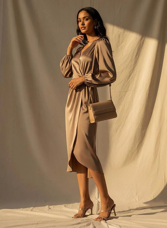 Splash FAV Wrap Midi Satin Dress with Puff Sleeves