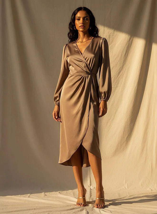 Splash FAV Wrap Midi Satin Dress with Puff Sleeves