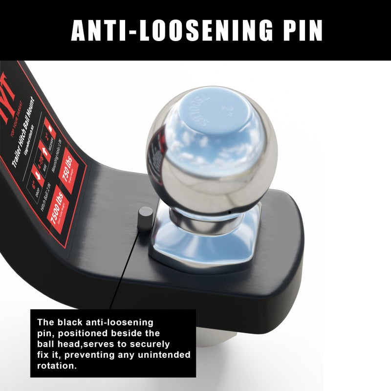 TYT Trailer Hitch Ball Mount Kit, 6-Inch Drop, Fits 2-Inch Receiver, 2-Inch Trailer Ball with 5/8" Hitch Pin Clip, Rated 7,500 lbs GTW / 750 lbs TW - Image 2