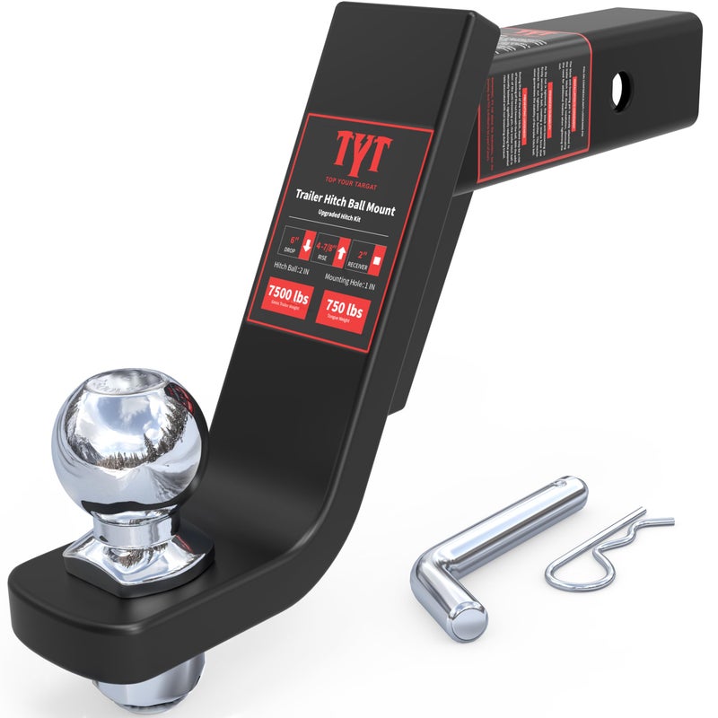 TYT Trailer Hitch Ball Mount Kit, 6-Inch Drop, Fits 2-Inch Receiver, 2-Inch Trailer Ball with 5/8" Hitch Pin Clip, Rated 7,500 lbs GTW / 750 lbs TW - Image 1