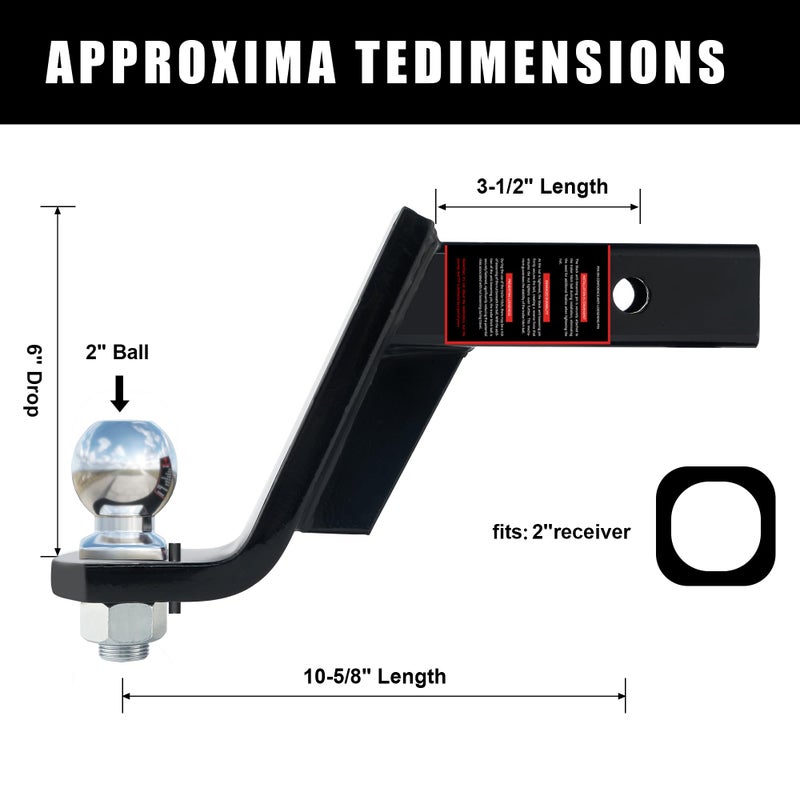 TYT Trailer Hitch Ball Mount Kit, 6-Inch Drop, Fits 2-Inch Receiver, 2-Inch Trailer Ball with 5/8" Hitch Pin Clip, Rated 7,500 lbs GTW / 750 lbs TW - Image 4