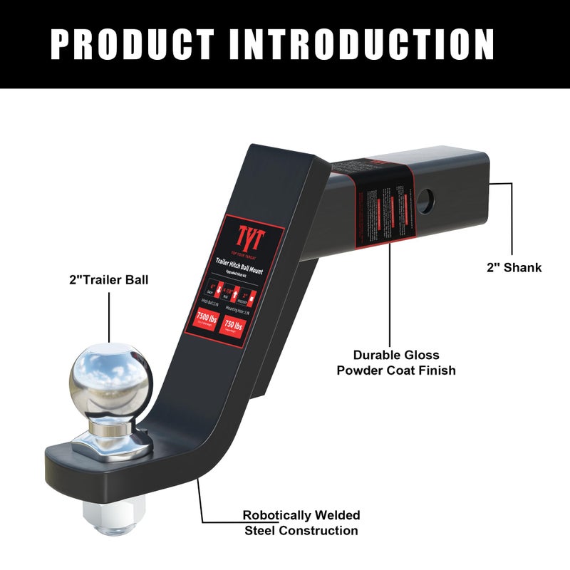 TYT Trailer Hitch Ball Mount Kit, 6-Inch Drop, Fits 2-Inch Receiver, 2-Inch Trailer Ball with 5/8" Hitch Pin Clip, Rated 7,500 lbs GTW / 750 lbs TW - Image 3