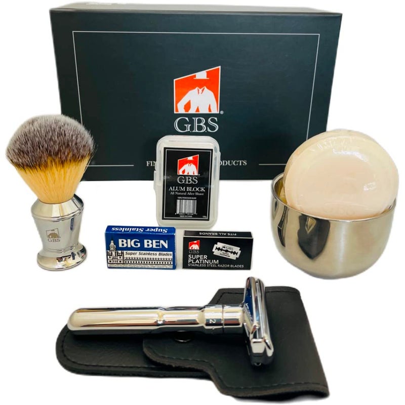 GBS Mens Shaving Set Double Edge Safety Razor Shaving Brush Shaving Bowl Soap Leather Case 20 Blades - Image 1