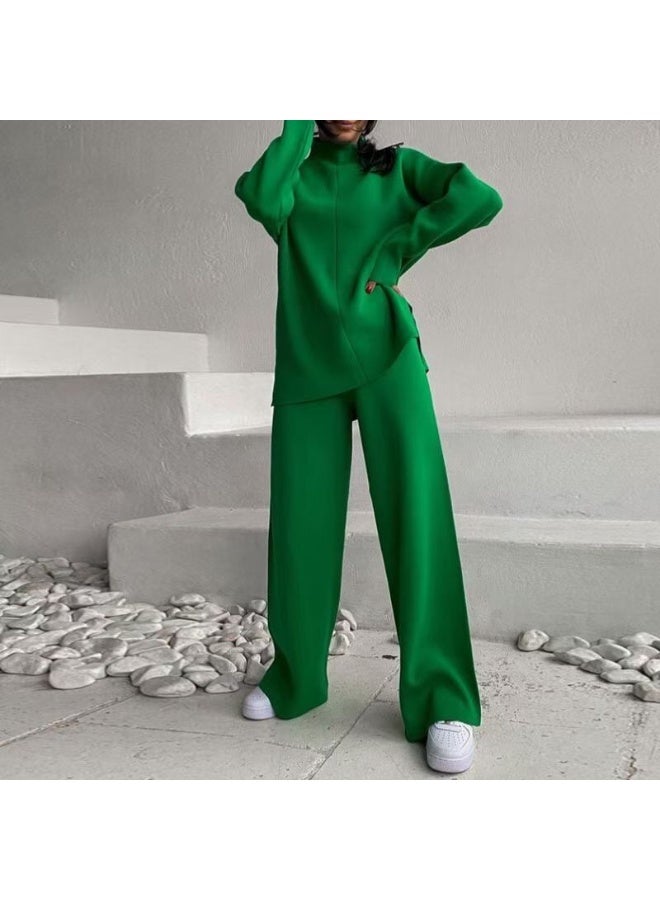 Split Turtleneck Women Sweater Suit Winter Solid Loose Casual Wide Leg Pants Female Two Piece Set Elegant Knit Tops Outfits