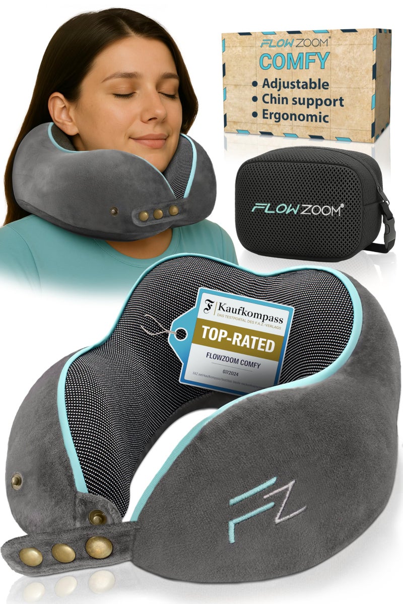 FLOWZOOM Memory Foam Travel Pillow for Airplanes & Car Rides - Adjustable Airplane Pillow with 360° Chin and Neck Support for Comfy Naps, Extra-Soft Washable Neck Pillow Cover, Squeezy Mesh Bag - Grey - Image 1