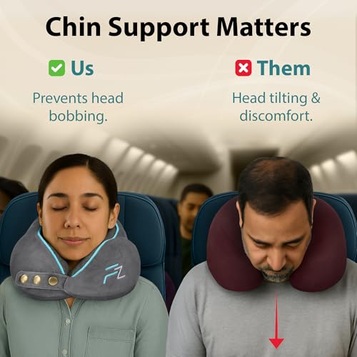 FLOWZOOM Memory Foam Travel Pillow for Airplanes & Car Rides - Adjustable Airplane Pillow with 360° Chin and Neck Support for Comfy Naps, Extra-Soft Washable Neck Pillow Cover, Squeezy Mesh Bag - Grey - Image 4
