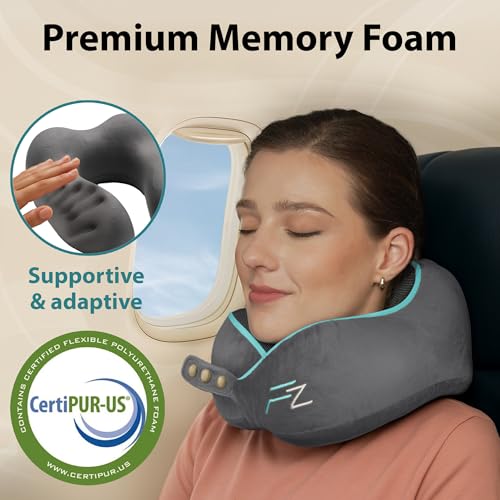 FLOWZOOM Memory Foam Travel Pillow for Airplanes & Car Rides - Adjustable Airplane Pillow with 360° Chin and Neck Support for Comfy Naps, Extra-Soft Washable Neck Pillow Cover, Squeezy Mesh Bag - Grey - Image 2
