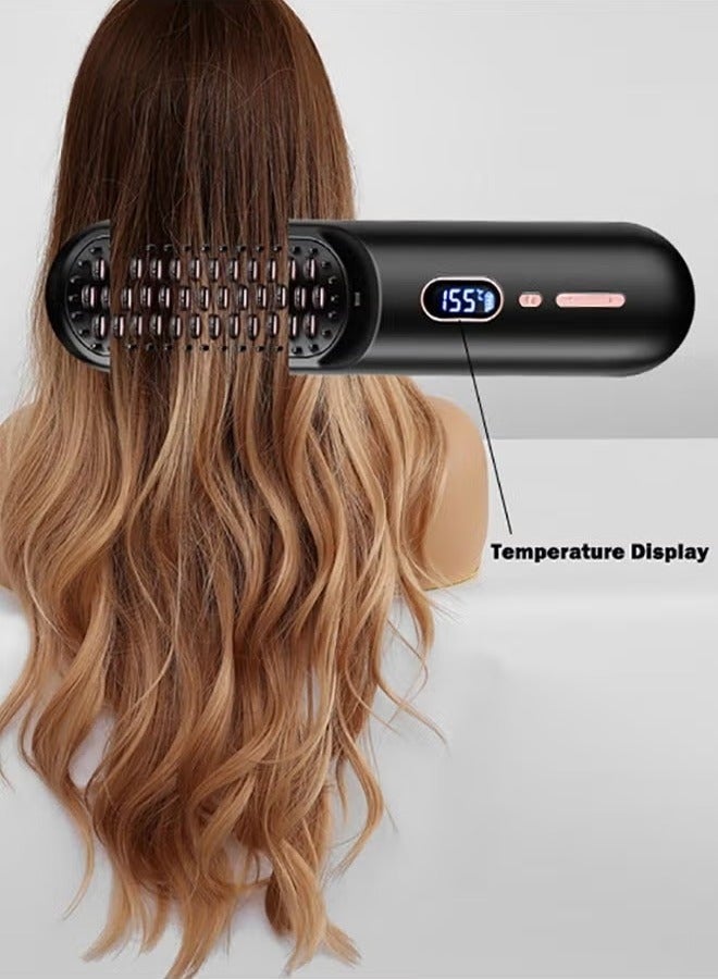 مجفف شعر لاسلكي وفرشاة تمليس الشعر، فرشاة تمليس الشعر مع التحكم في درجة الحرارة باللون الأسود - Image 1