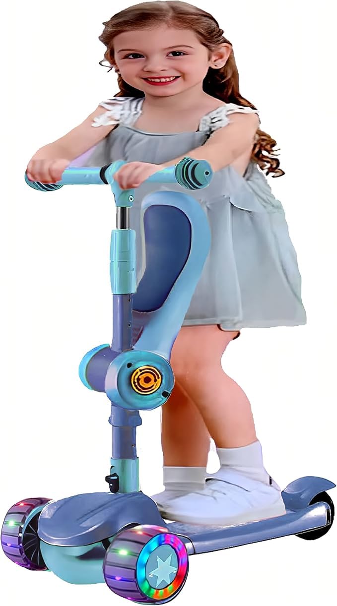Toddler Scooter for Kids Ages 3-12 Years Old Boy Girl with 3 Wheel LED Lights, Extra-Wide Childrens Foldable Kick Scooter Kids Ages 3-12 with 4 Adjustable Height and Lean-to-Steer (Blue)