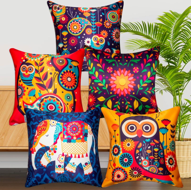 Urvaan Velvet Cartoon Elephant Cushion Cover, Set of 5, 16X16 Inch, Multicolour - Image 1