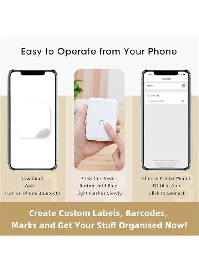 HOOKOR D110 Thermal Label Makers with 1 Roll Tape, Portable Mini Wireless Bluetooth Sticker Printer for Home Office School Use, Mobile Phone Editable, Printable Width 0.47 inch, White - Image 3