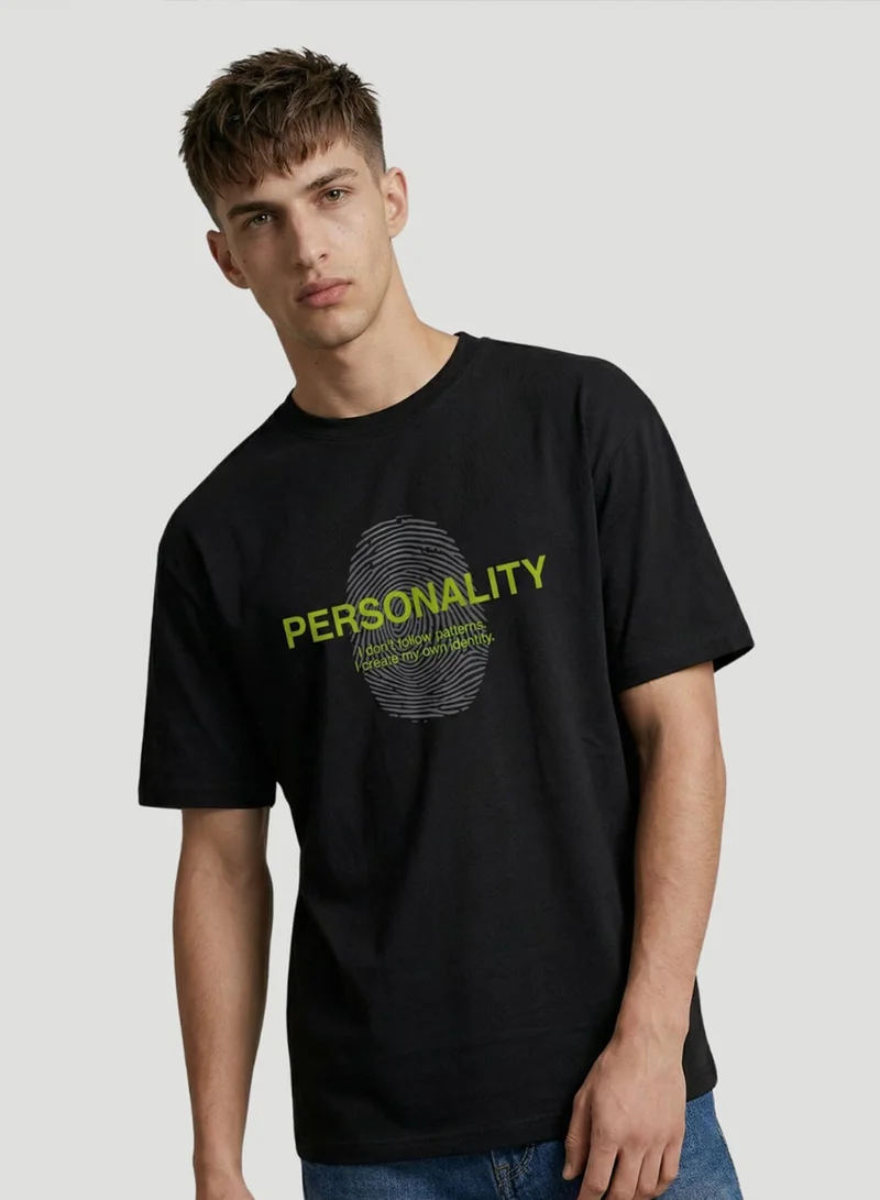 دينيس لينغو Black 100% Cotton Printed Regular Fit T-Shirt For Men