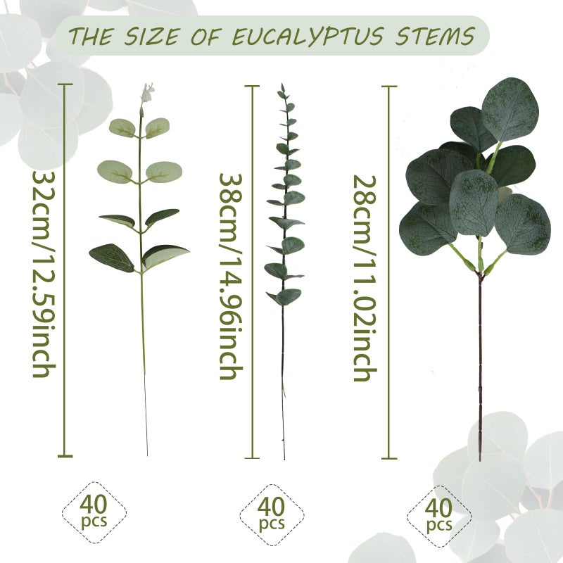 Coreland 120 Pcs 3 Kinds Mixed Artificial Eucalyptus Leaves Stems Fake Silver Dollar Eucalyptus Leaves Stem Bulk Faux Leaf for DIY Bouquets Floral Arrangement Wedding Home Decor - Image 2