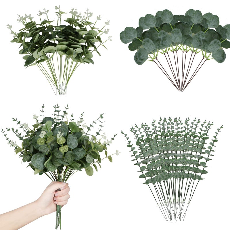 Coreland 120 Pcs 3 Kinds Mixed Artificial Eucalyptus Leaves Stems Fake Silver Dollar Eucalyptus Leaves Stem Bulk Faux Leaf for DIY Bouquets Floral Arrangement Wedding Home Decor - Image 1