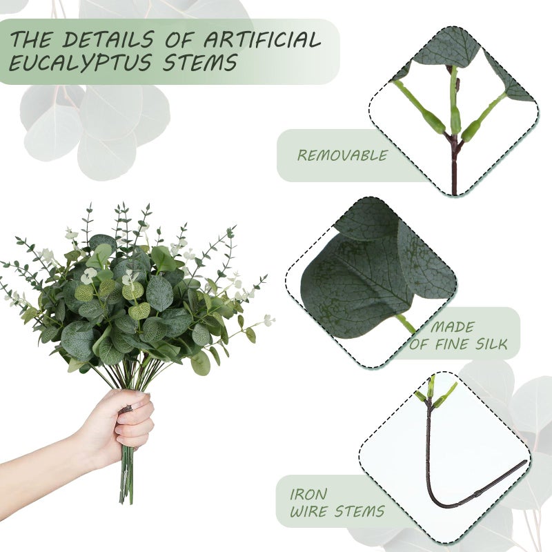 Coreland 120 Pcs 3 Kinds Mixed Artificial Eucalyptus Leaves Stems Fake Silver Dollar Eucalyptus Leaves Stem Bulk Faux Leaf for DIY Bouquets Floral Arrangement Wedding Home Decor - Image 5