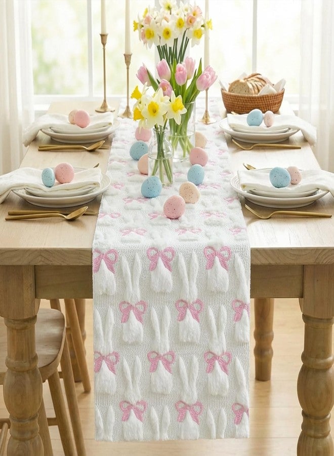 Artoid Mode White Soft Plush Faux Fur Jacquard Bunny Bow Easter Table Runner, Spring Holiday Kitchen Dining Table Decoration for Home Party Decor 13x48 Inch - Image 2