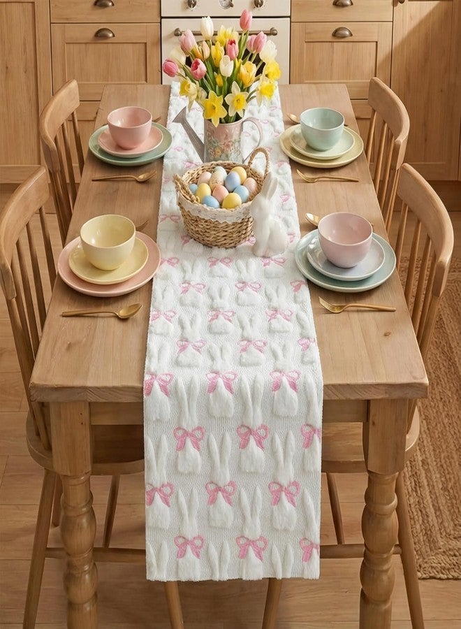 Artoid Mode White Soft Plush Faux Fur Jacquard Bunny Bow Easter Table Runner, Spring Holiday Kitchen Dining Table Decoration for Home Party Decor 13x48 Inch - Image 4