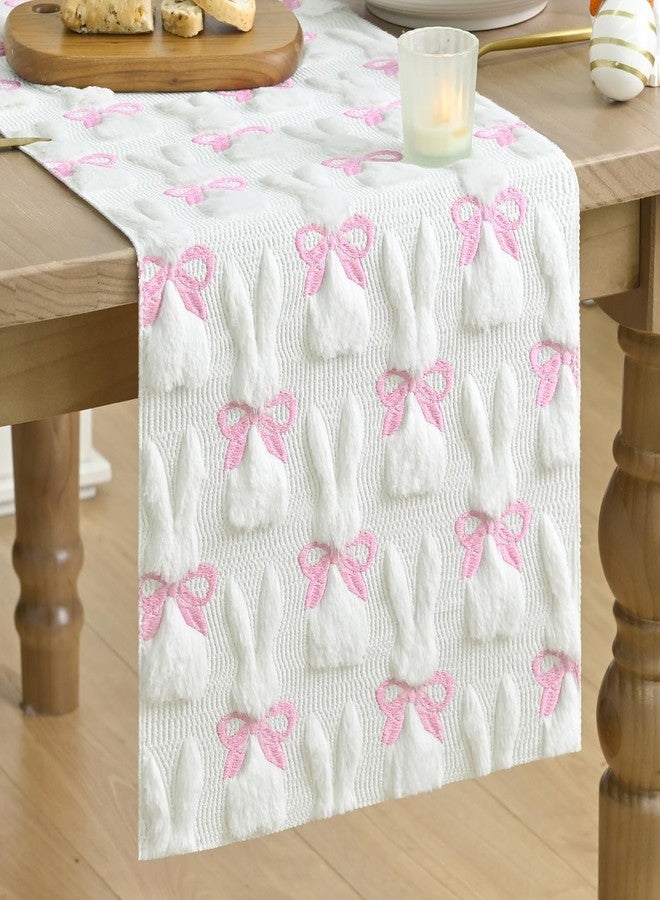 Artoid Mode White Soft Plush Faux Fur Jacquard Bunny Bow Easter Table Runner, Spring Holiday Kitchen Dining Table Decoration for Home Party Decor 13x48 Inch - Image 1