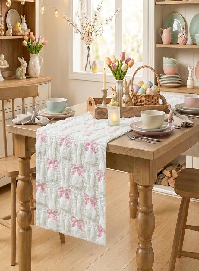 Artoid Mode White Soft Plush Faux Fur Jacquard Bunny Bow Easter Table Runner, Spring Holiday Kitchen Dining Table Decoration for Home Party Decor 13x48 Inch - Image 3