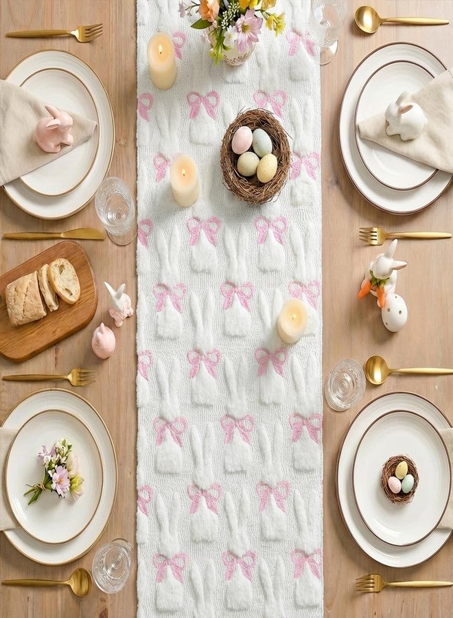 Artoid Mode White Soft Plush Faux Fur Jacquard Bunny Bow Easter Table Runner, Spring Holiday Kitchen Dining Table Decoration for Home Party Decor 13x48 Inch - Image 5