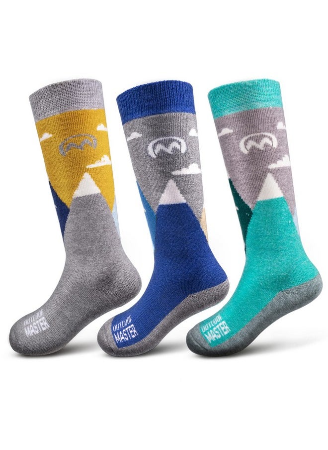 OutdoorMaster Kids Ski Socks - Merino Wool Blend, Over The Calf Design (S, Dust Gray, Blue Mountains, Woodland Green - 3)  - Image 1