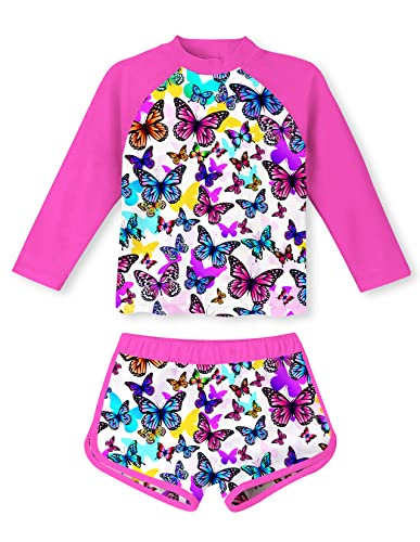 TUONROAD Girls Rash Guard 2Piece Swimsuit Set Teens 5 6 Yrs Old Butterflies Printed O Neck Long Sleeve Bikini with UPF 50 Sun Protection for Pool Party - Image 1