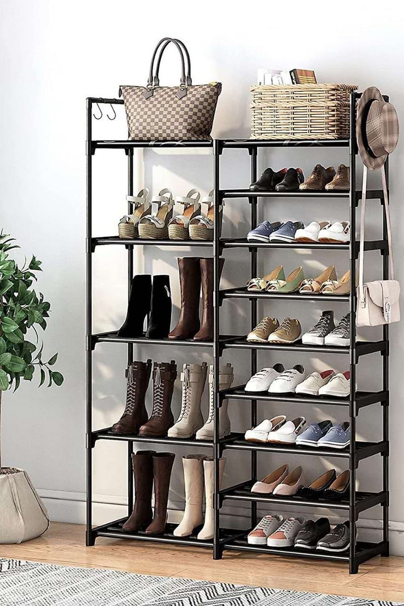 Generic [High Shoe Rack Storage Rack] Large Capacity 9-Story High Shoe Rack - Freestanding Shoe Storage Rack - Two Rows of Multi-Function with Hooks, Black - Image 5
