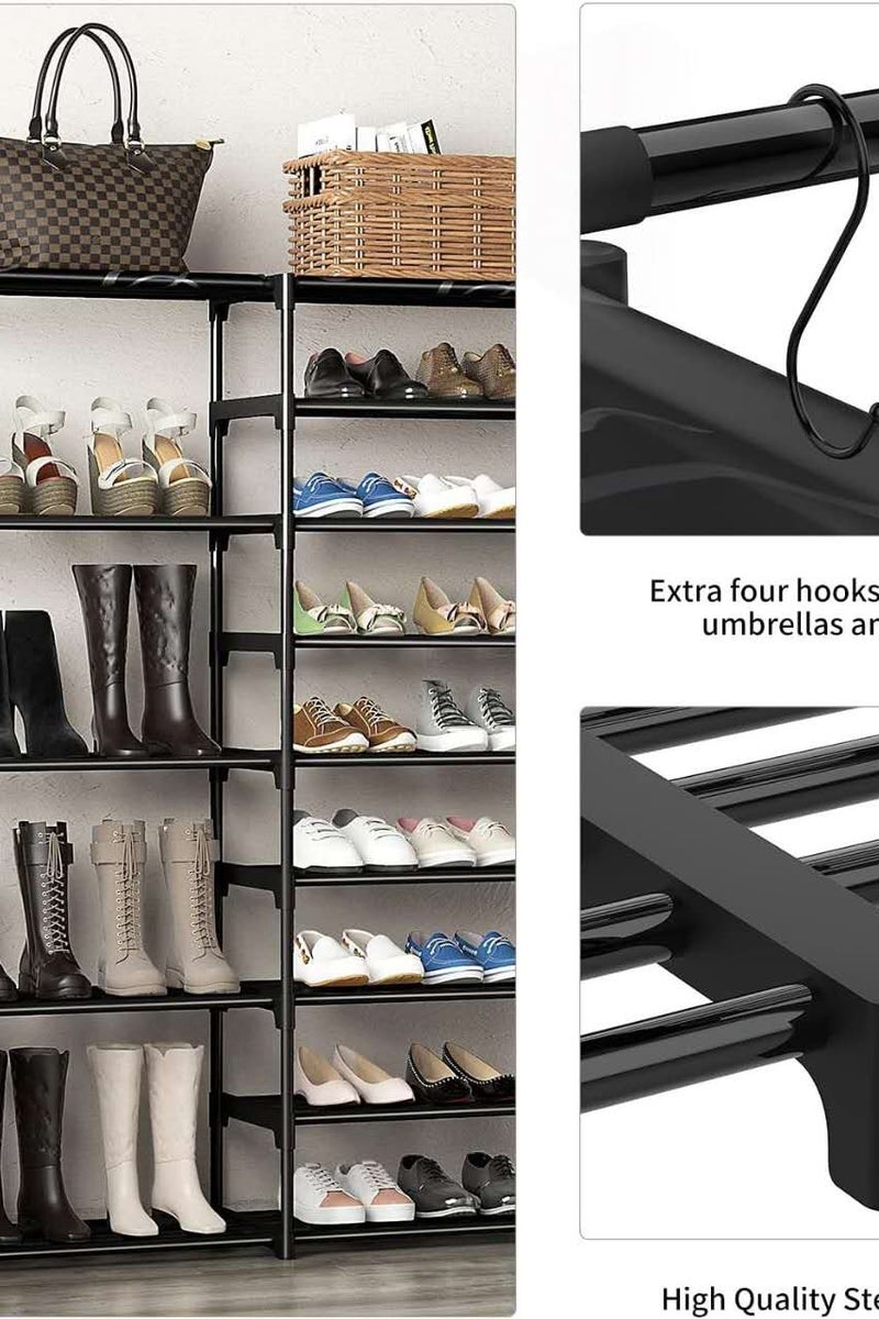 Generic [High Shoe Rack Storage Rack] Large Capacity 9-Story High Shoe Rack - Freestanding Shoe Storage Rack - Two Rows of Multi-Function with Hooks, Black - Image 2