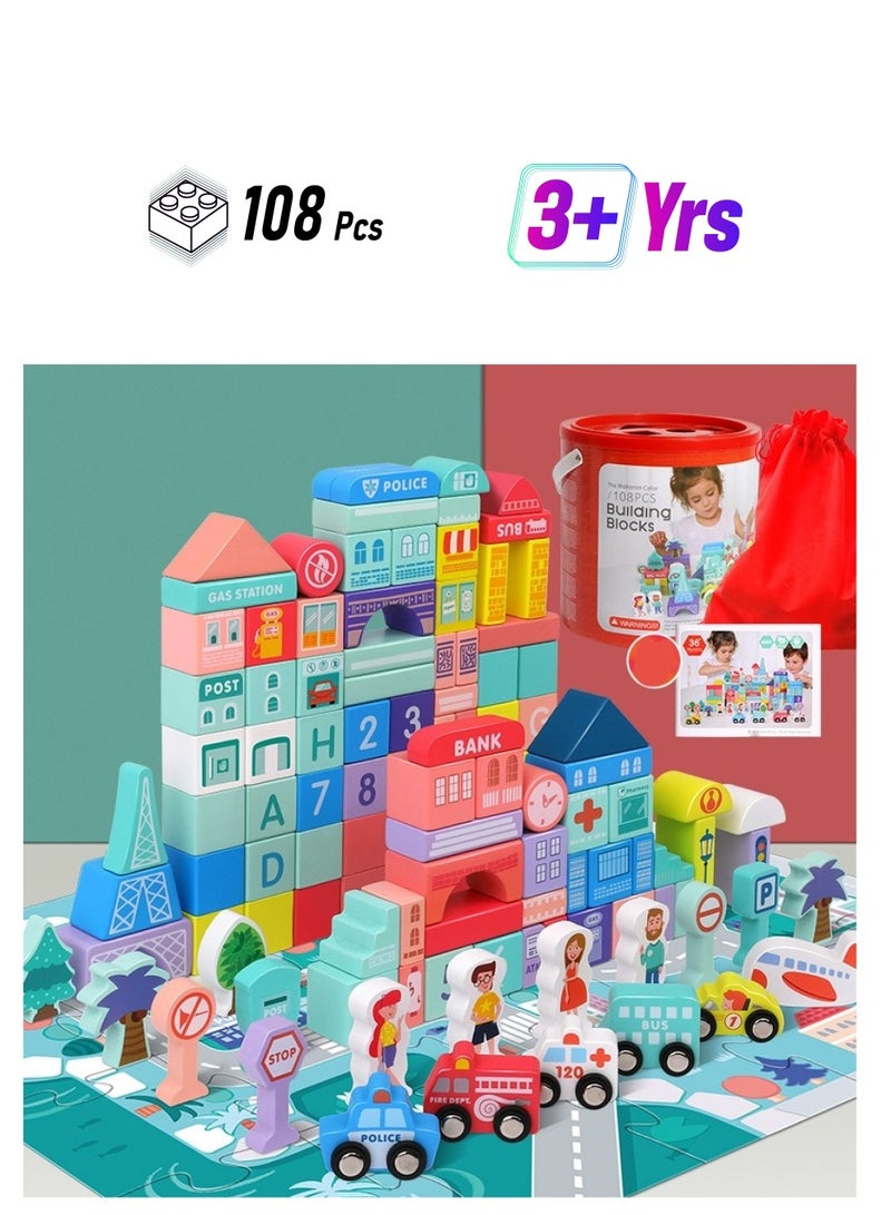 Loquat Wooden Building Blocks Toys Set , 108pcs Macaron Color City Construction Stacking Toys Preschool Educational Toys - Image 1