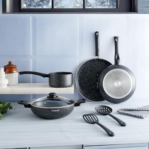 COOKAID Cookware Set Non Stick | 7 Pcs Set - Kadhai with Lid, Fry Pan, Saucepan & Dosa Tawa with 2Pcs Nylon Tool | ISI Certified | PTFE | Aluminium Body | Gas & Induction Compatible - Black - Image 1