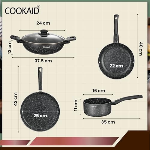 COOKAID Cookware Set Non Stick | 7 Pcs Set - Kadhai with Lid, Fry Pan, Saucepan & Dosa Tawa with 2Pcs Nylon Tool | ISI Certified | PTFE | Aluminium Body | Gas & Induction Compatible - Black - Image 2
