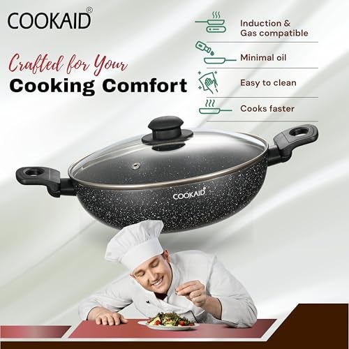 COOKAID Cookware Set Non Stick | 7 Pcs Set - Kadhai with Lid, Fry Pan, Saucepan & Dosa Tawa with 2Pcs Nylon Tool | ISI Certified | PTFE | Aluminium Body | Gas & Induction Compatible - Black - Image 4