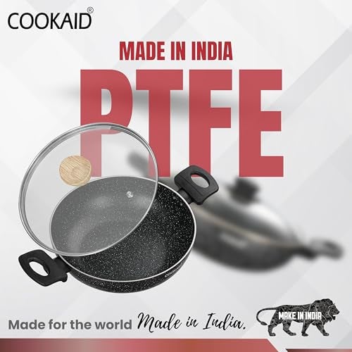 COOKAID Cookware Set Non Stick | 7 Pcs Set - Kadhai with Lid, Fry Pan, Saucepan & Dosa Tawa with 2Pcs Nylon Tool | ISI Certified | PTFE | Aluminium Body | Gas & Induction Compatible - Black - Image 5