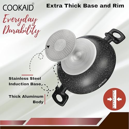 COOKAID Cookware Set Non Stick | 7 Pcs Set - Kadhai with Lid, Fry Pan, Saucepan & Dosa Tawa with 2Pcs Nylon Tool | ISI Certified | PTFE | Aluminium Body | Gas & Induction Compatible - Black - Image 3