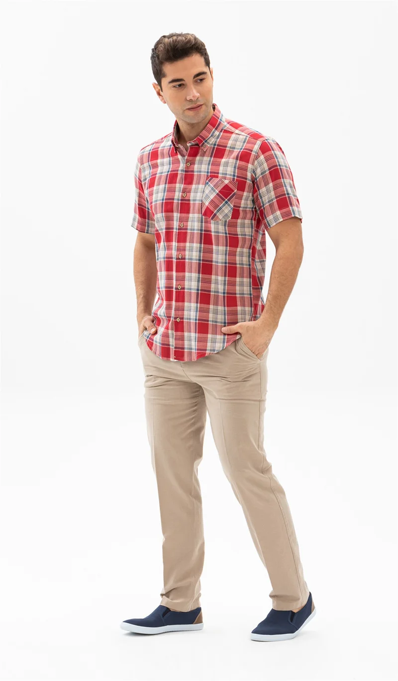 Akbeniz Short Sleeve Slim Fit Şile Cloth Single Pocket Men's Shirt Red Navy Blue Plaid 3057