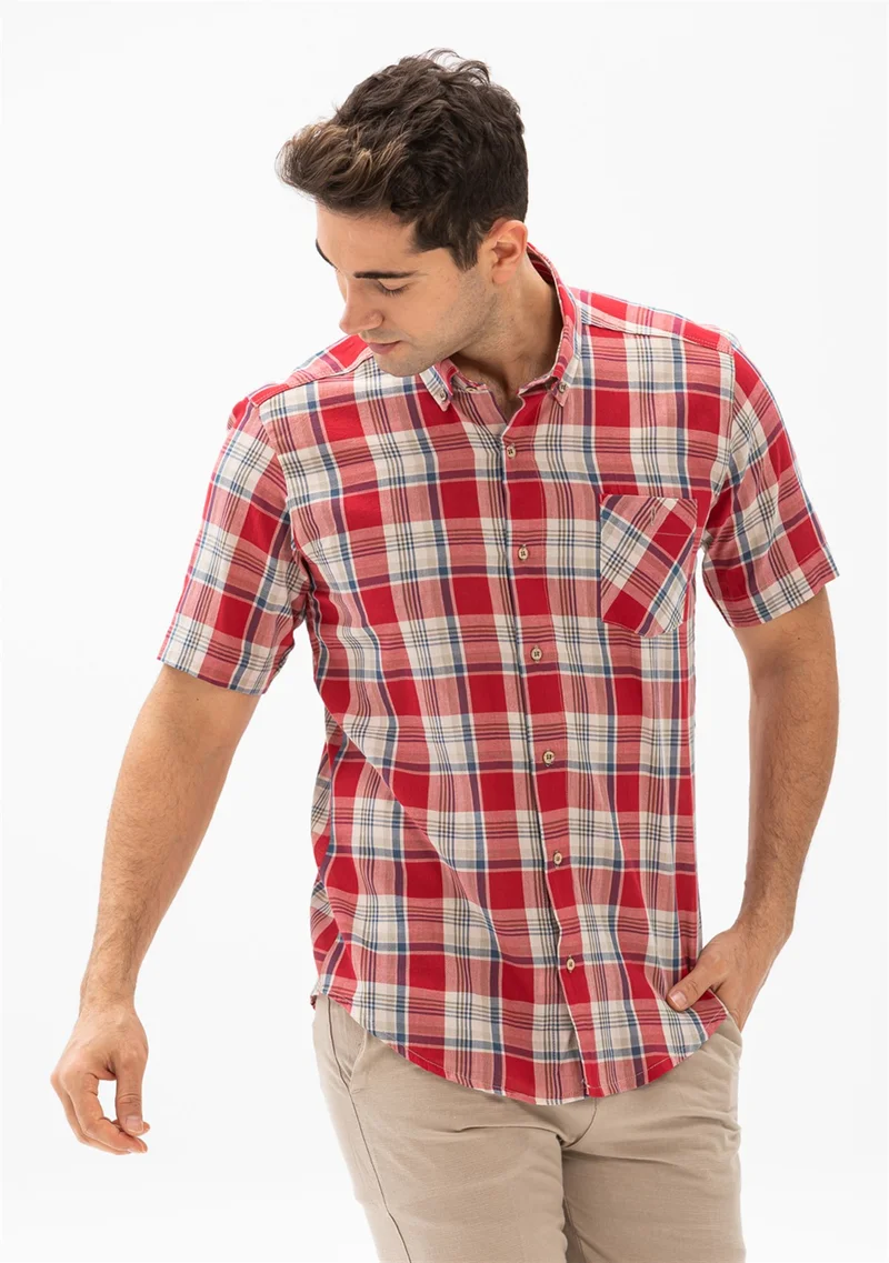 Akbeniz Short Sleeve Slim Fit Şile Cloth Single Pocket Men's Shirt Red Navy Blue Plaid 3057
