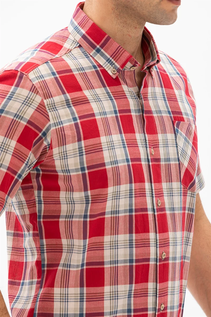 Akbeniz Short Sleeve Slim Fit Şile Cloth Single Pocket Men's Shirt Red Navy Blue Plaid 3057
