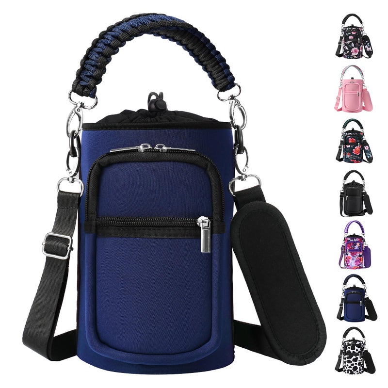 AceTreker 64 oz /87 oz/128 oz Neoprene Water Bottle Holder with Strap for Insulated Metal Hydro Jug Water Bottles, Sleeve Carrier Bag for Camping Trip-Dark Blue - Image 1
