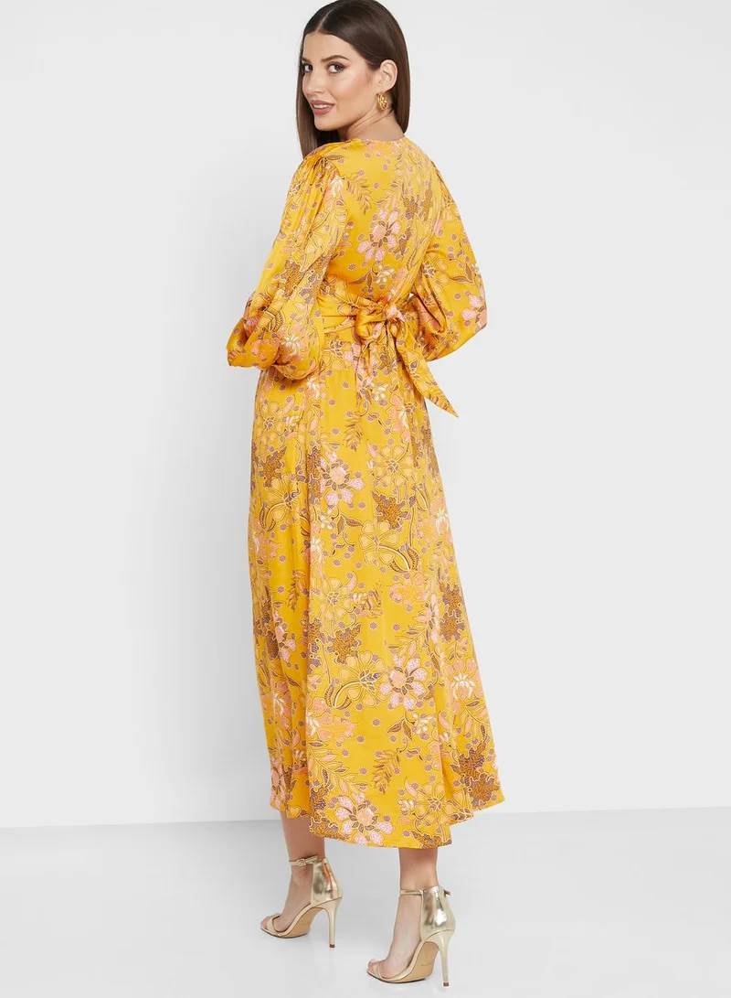 Oasis Balloon Sleeve Floral Print Tie Detail Dress